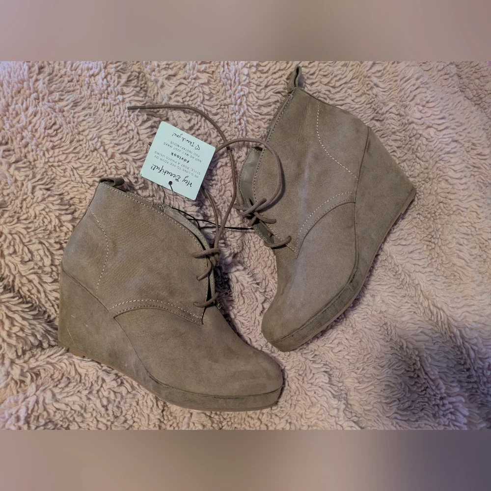 Taupe Lace-Up Wedge Ankle Booties | Soft Suede | Size 8